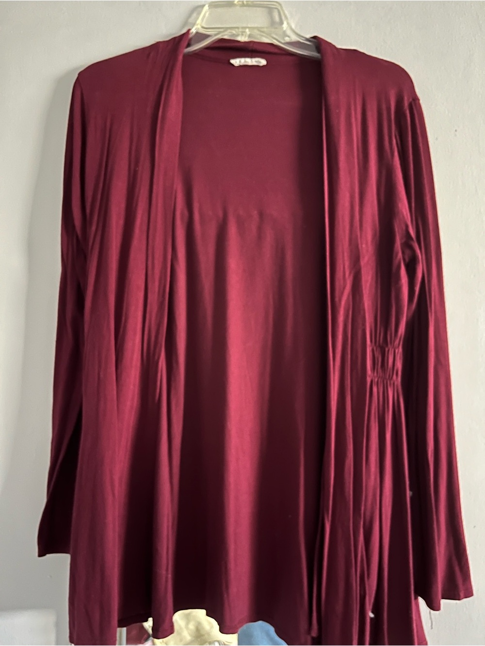 Womens Open-Front Wine Cardigan with Gathered Waist